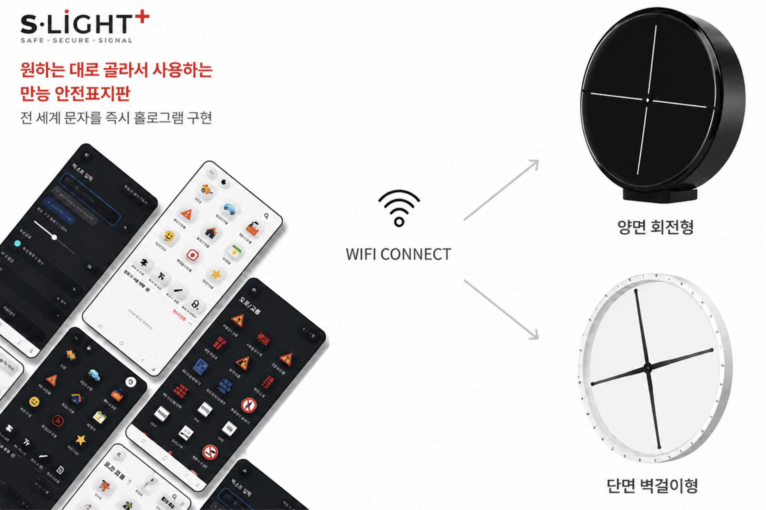 에스라이트 플러스 전용 앱에서 안전표지판을 선택하면 WiFi로 홀로그램 팬 장치에 전송되는 흐름